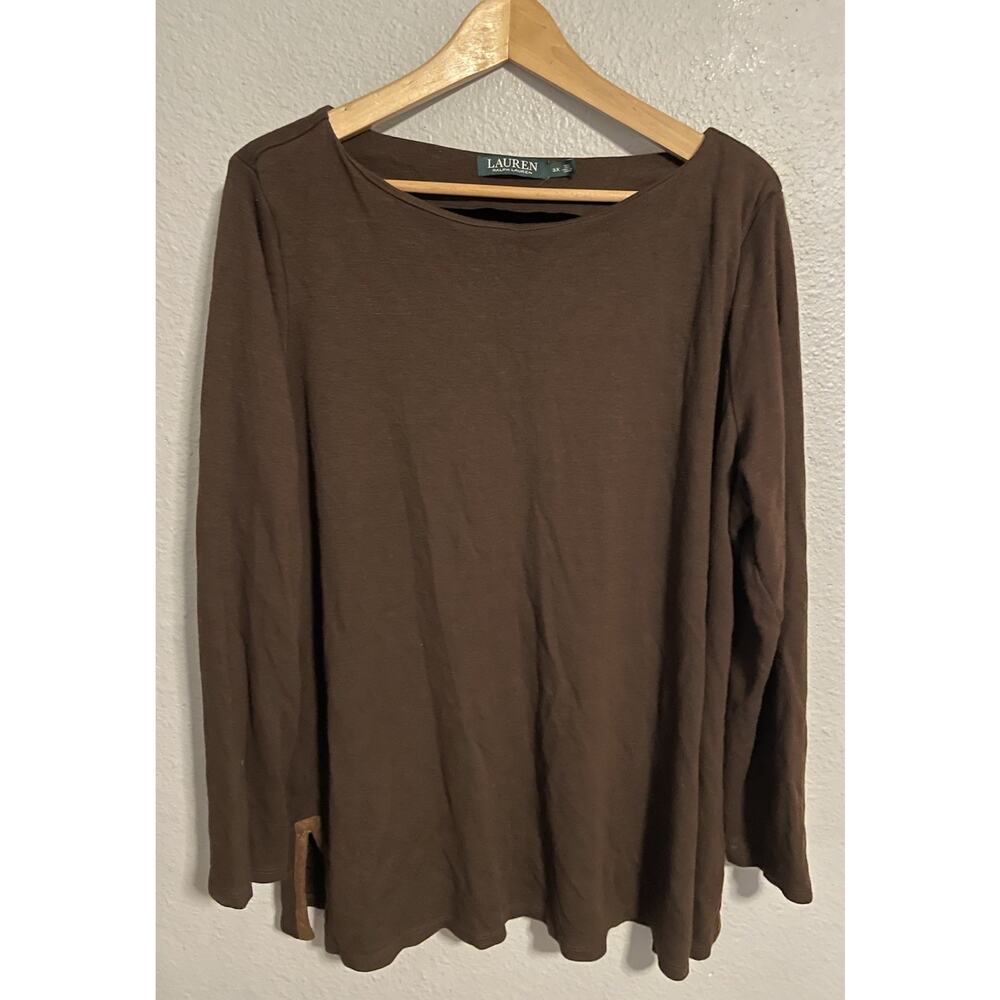 Lauren Ralph Lauren Womens Top 3X Brown Wool Blend Stretch Long Sleeve Modern